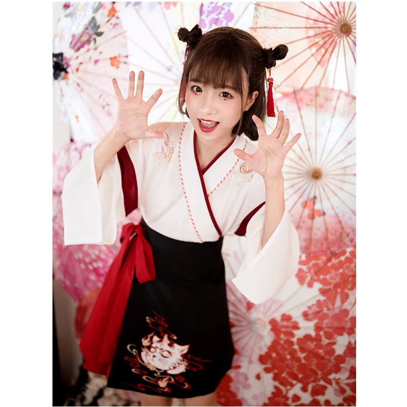 Woman Japanese Dress Kimono Sweet Cat Embroidery Yukata Haori Cosplay Skirt Tops Set Full Sleeve Ancient Oriental Clothing | Тематическая