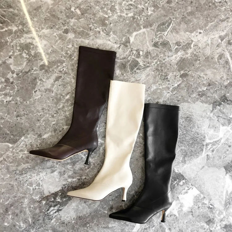 Женские сапоги до колена с острым носком на низком каблуке|Ботфорты| |