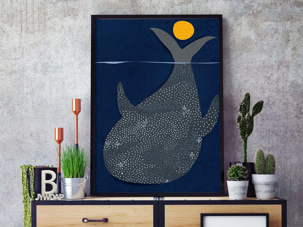Морской плакат для серфинга печать синего Кита желтое солнце Скандинавская