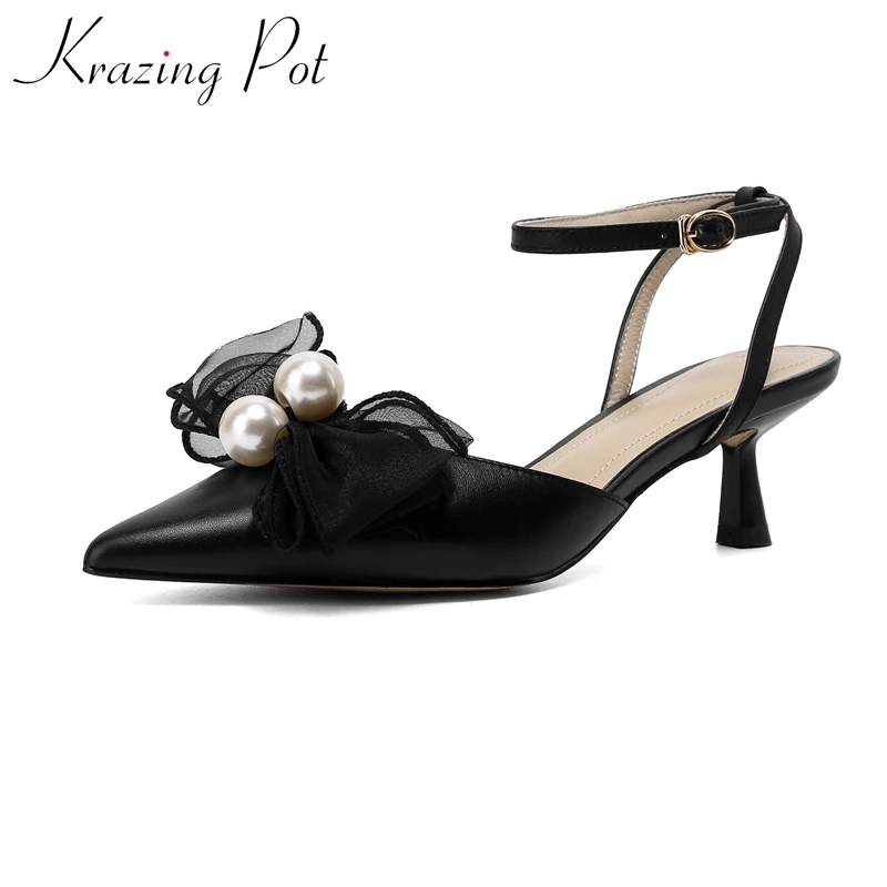 

Krazing Pot full grain leather dating pearl pointed toe med heel summer sweety buckle strap lace mesh bowtie shallow sandals L56