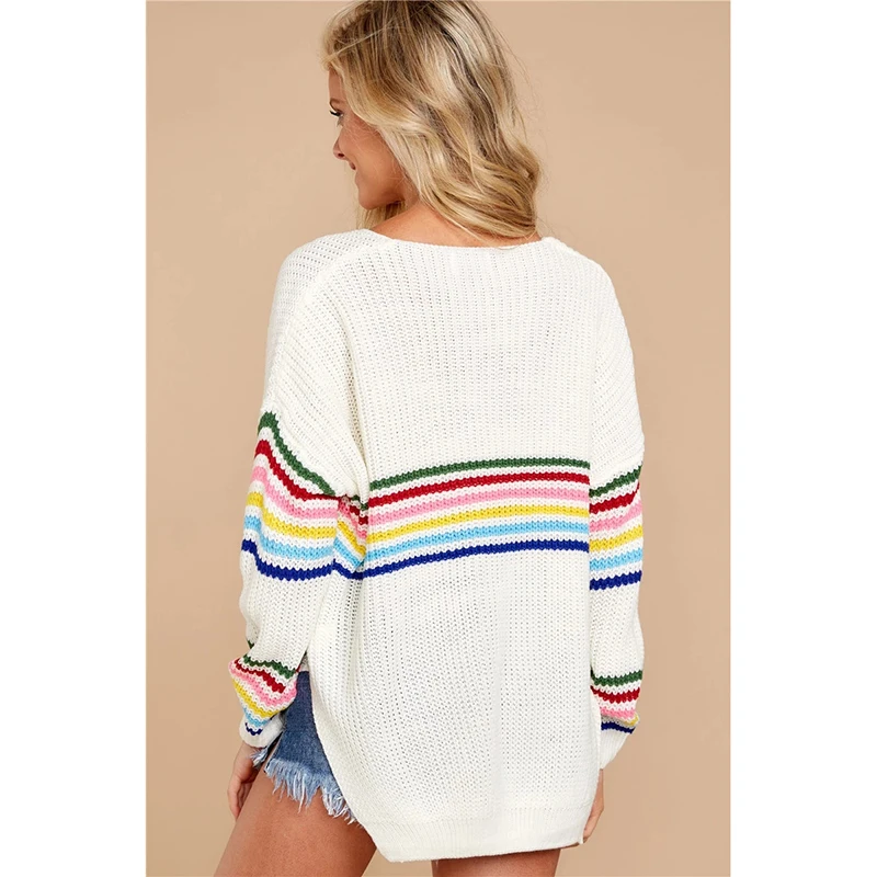 

Winter Fashion Women's Sweaters Rainbow Striped Slim Pullovers Style Knitted Jumper V Neck Pull Femme