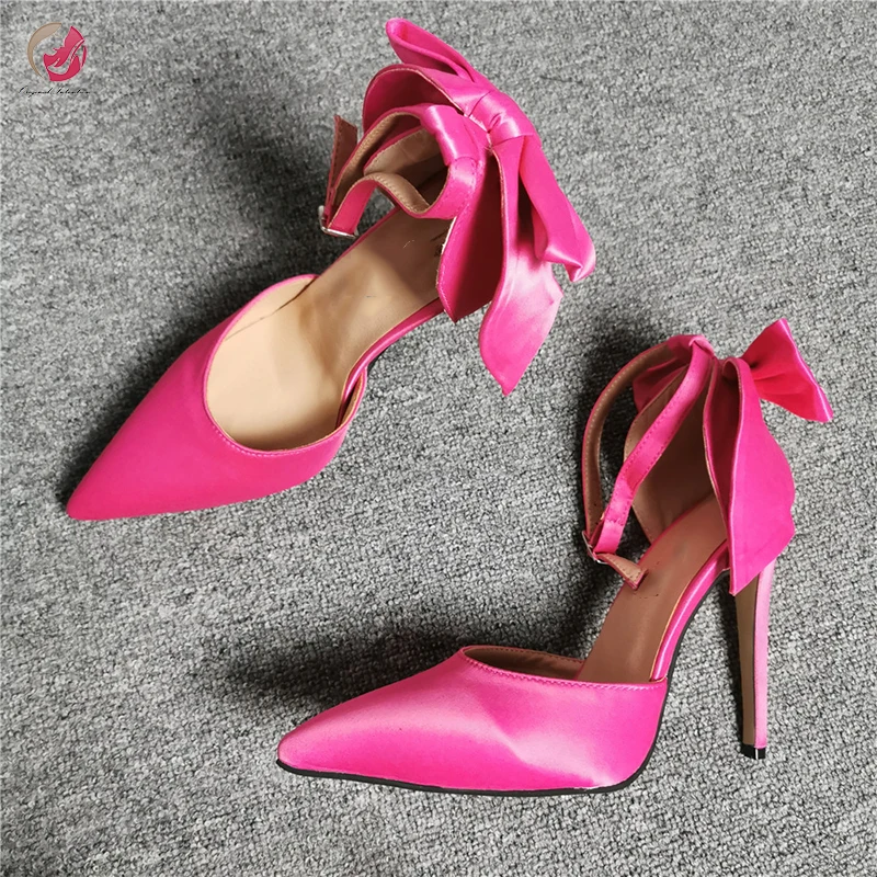

Original Intention New Sexy Bow Knot Fushia Satin Sandals Woman Pointed Toe Elegant Stiletto High Heels Party Shoes Female