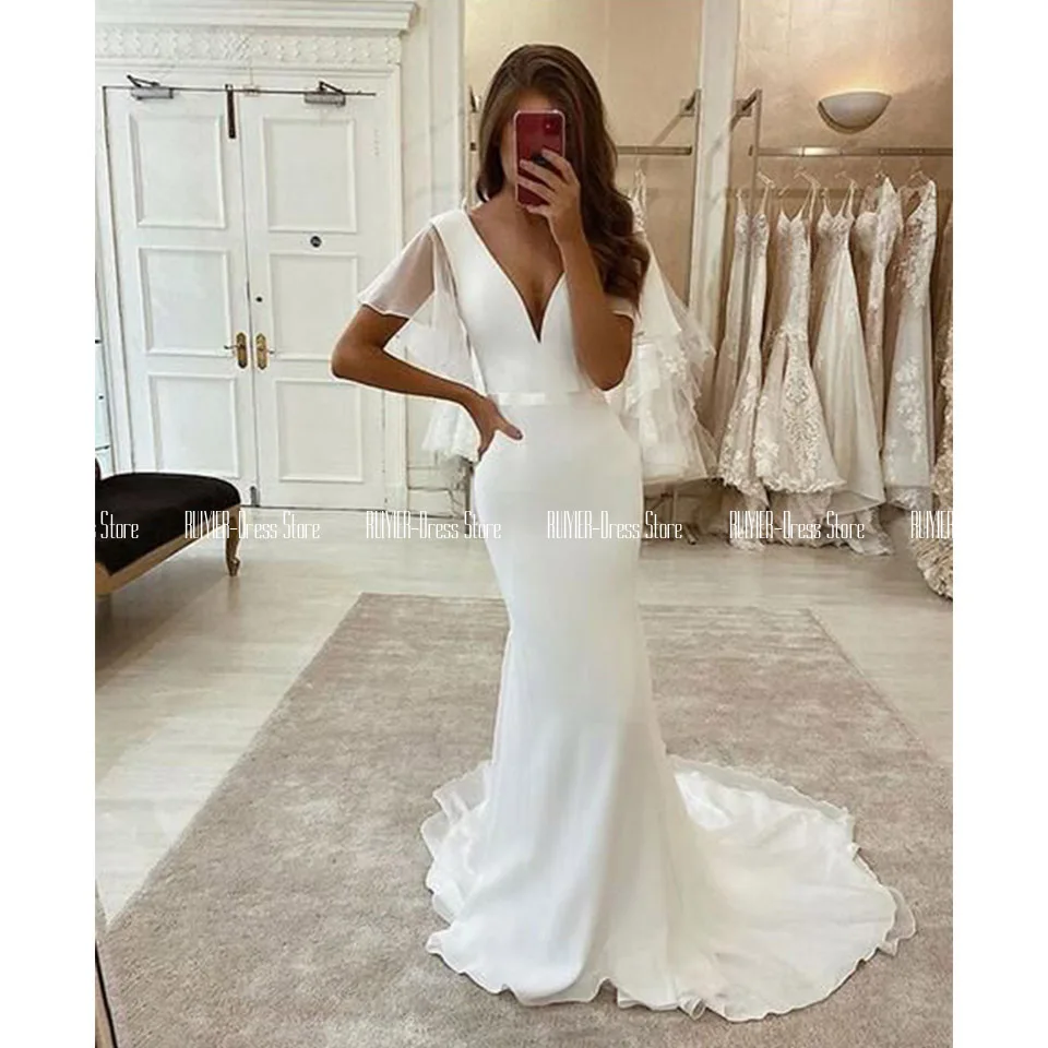 

Элегантное свадебное платье русалки 2020 Mariage с v-образным вырезом атласное свадебное платье с рукавами-крылышками на молнии сзади Robe De Mariee