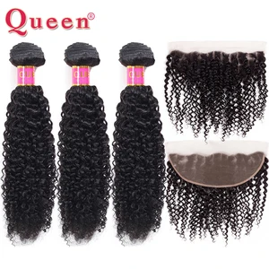 Продукты для волос Queen, бразильские курчавые волосы, 34 пучка с фронтальной застежкой, Remy волосы 13*4, кружевные фронтальные волосы с пучками