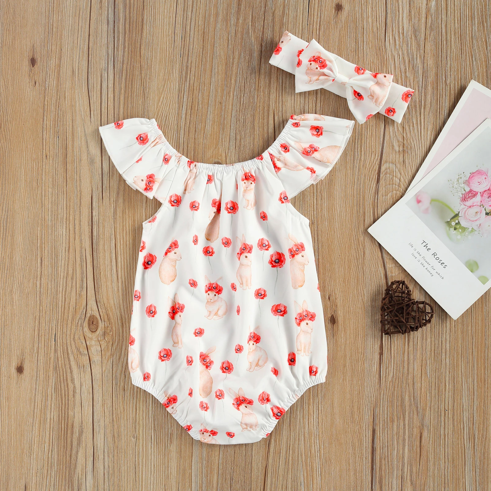 

Pudcoco 2021 Easter 0-24M Baby Girl 2Pcs Set Red Flower Bunny Print Ruffled Neck Flared Short Sleeve Bodysuit+Headband Summer