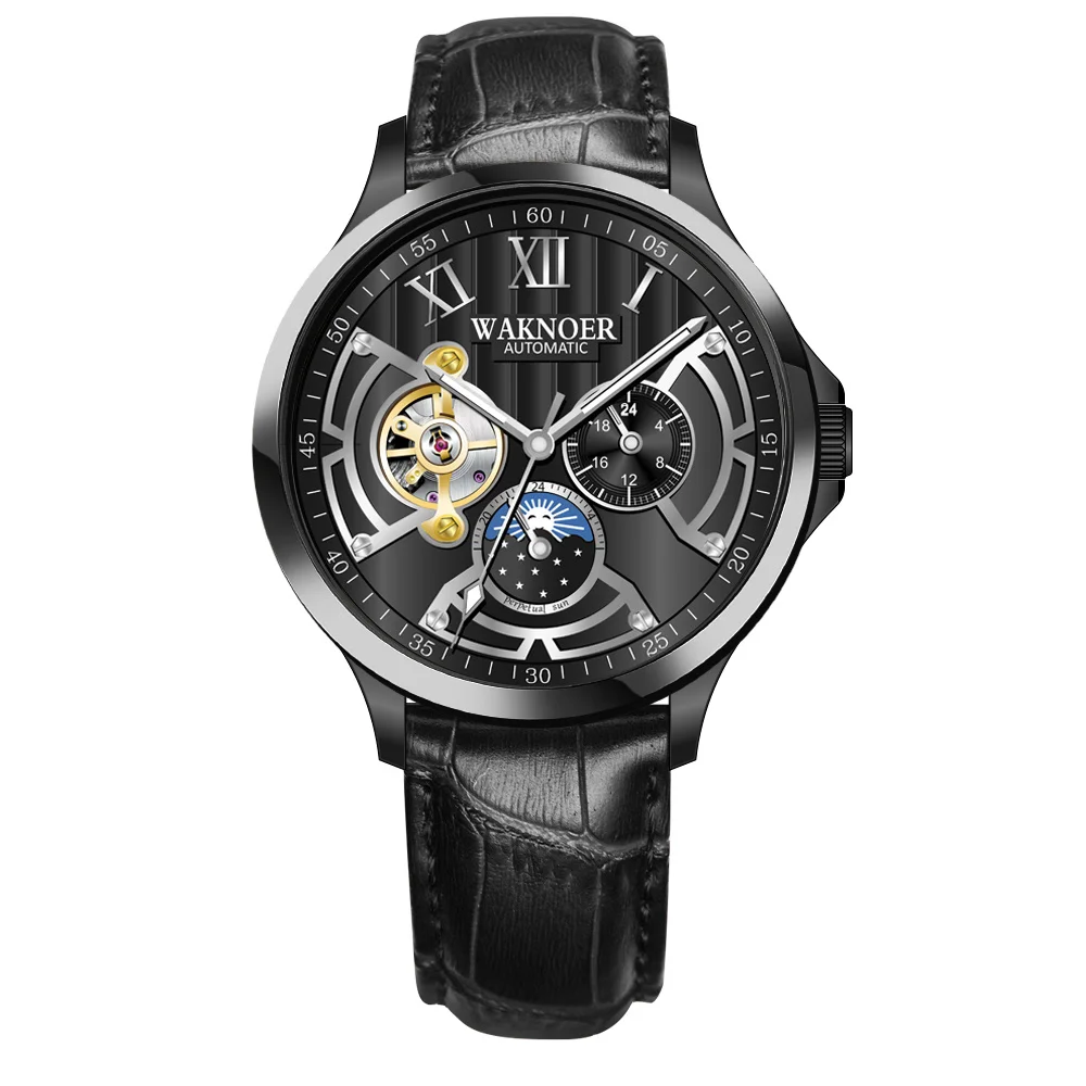 black leather WAKNOER автоматические механические часы для мужчин из нержавеющей стали водонепроницаемый Moon Phase светящиеся роскошные золотые бизнес Tourbillon Montre Homme - Цвет: black leather