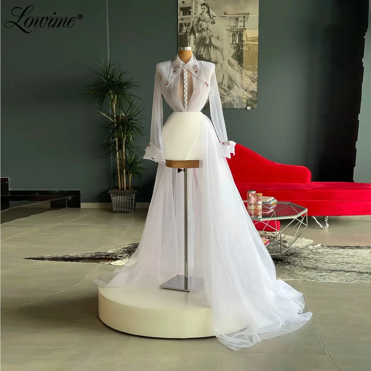 

Lowime High Low Ivory Party Dresses 2021 Long Sleeves Formal Evening Dress Dubai Arabic Cocktail Gowns Prom Graduation Gowns