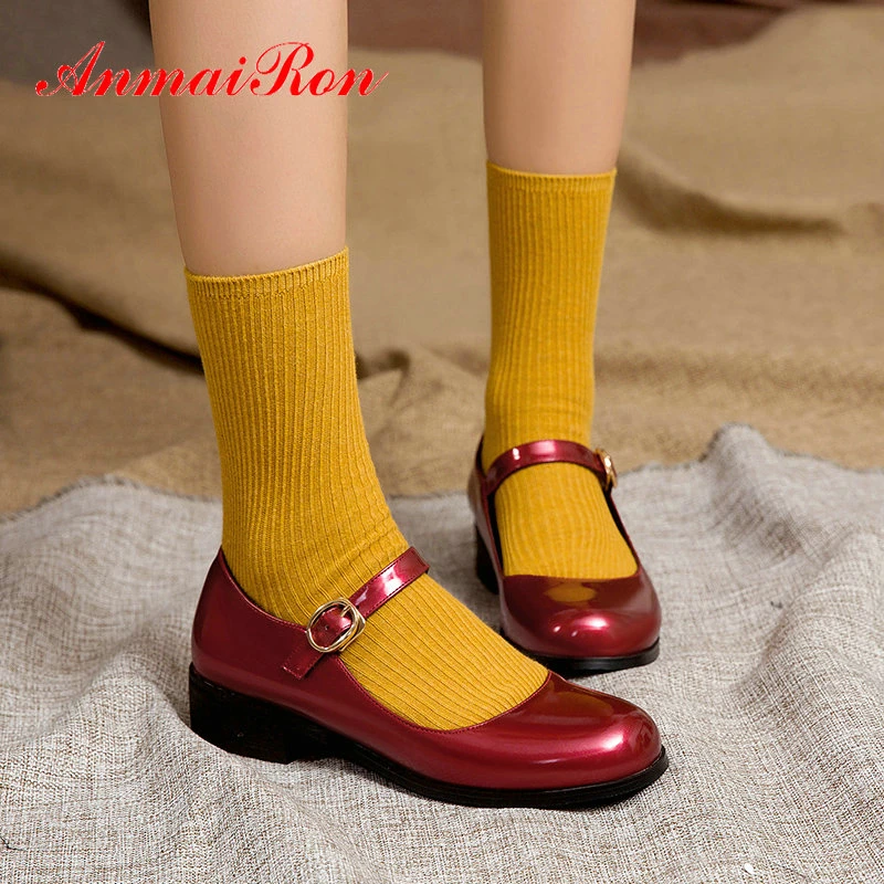 ANMAIRON Patent Leather Round Toe Buckle Strap Wedding Shoes Square Heel Casual Spring/Autumn Women Heels Classics Women Shoes fashionable round head patent leather women shoes comfortable spring autumn buckle strap female casual shoes