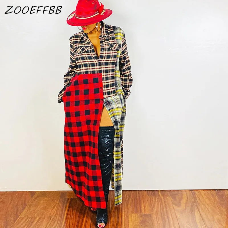 

ZOOEFFBB Casual Loose Plaid Patchwork Shirt Dress Fall Clothes for Women Robes Plus Size Sexy Elegant Long Sleeve Maxi Dresses