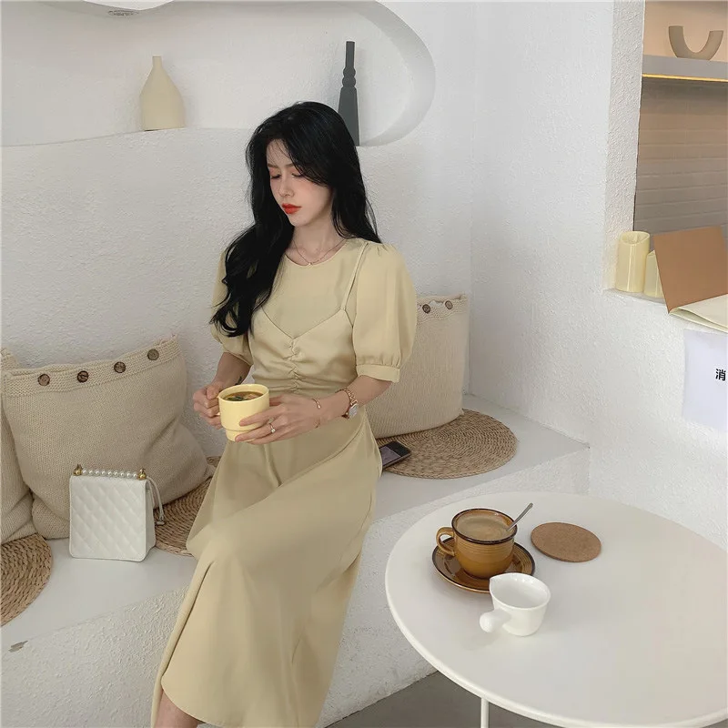 

Elegant Retro Dress Women's 2020 New Solid Color V-neck Lace-up Waist Slimming over-the-Knee Dress Office Lady L12
