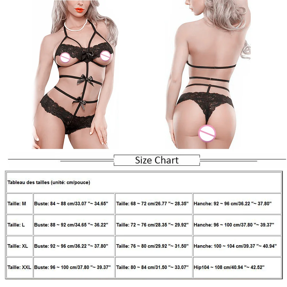 

Women Lingerie Bandage Lace Bra Set Bowknot Bodysuit Nightwear For Female Black Strap Sleepwear