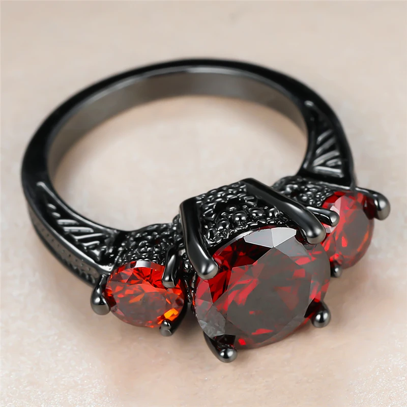 

Luxury Female Red Crystal Stone Ring Charm 14KT Black Gold Wedding Rings For Women Promise Round Zircon Engagement Ring