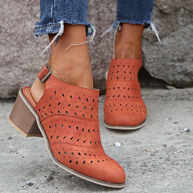 Женские босоножки Летние кожаные туфли на квадратном каблуке женская