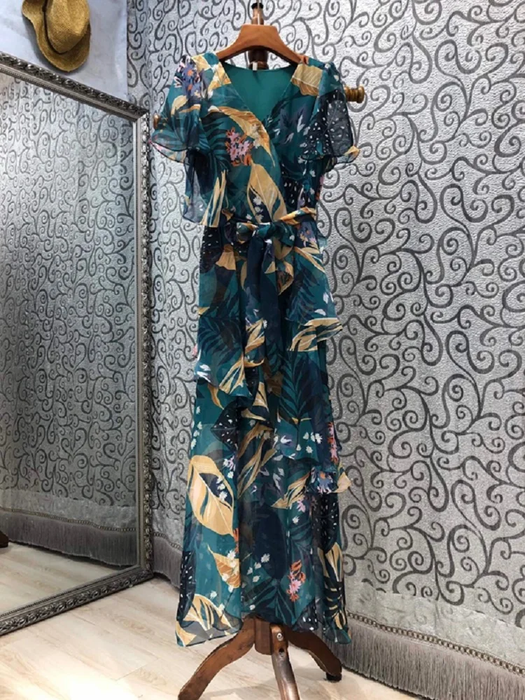 

New 2021 Summer Long Dress High Quality Women V-Neck Runway Print Bow Belt Deco Short Sleeve Green Long Maxi Dress Casual Party