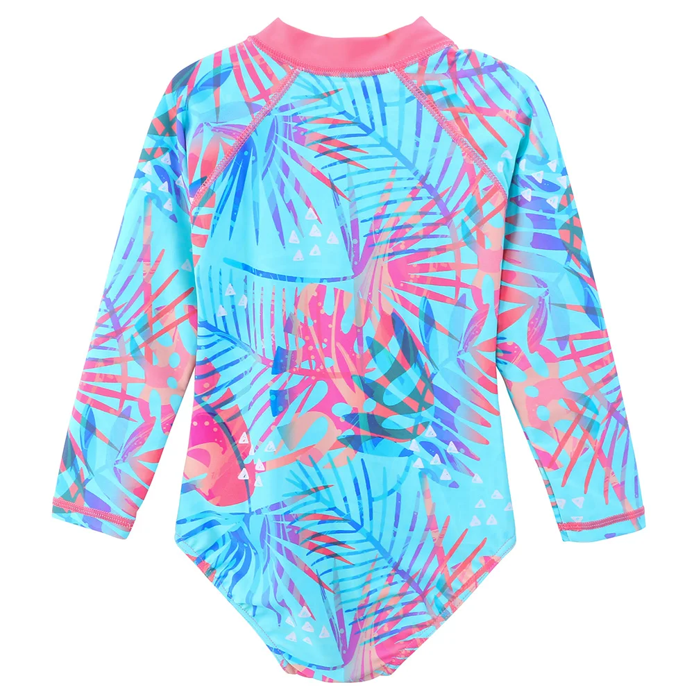 Детский слитный купальник BAOHULU с длинным рукавом синим принтом листьев пляжная