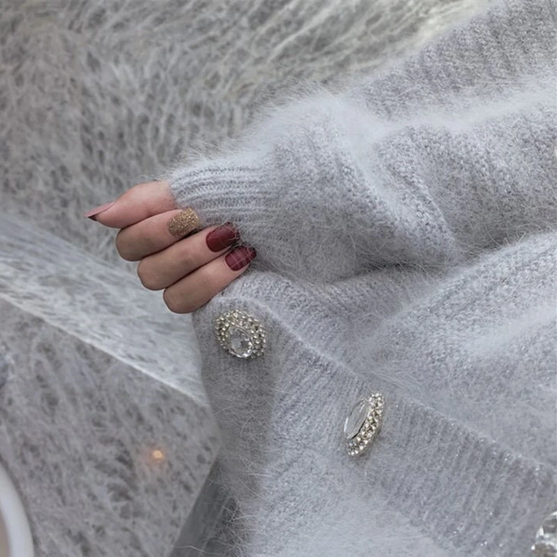 Осенний вязаный Пушистый кардиган свитер женский корейский стиль белые