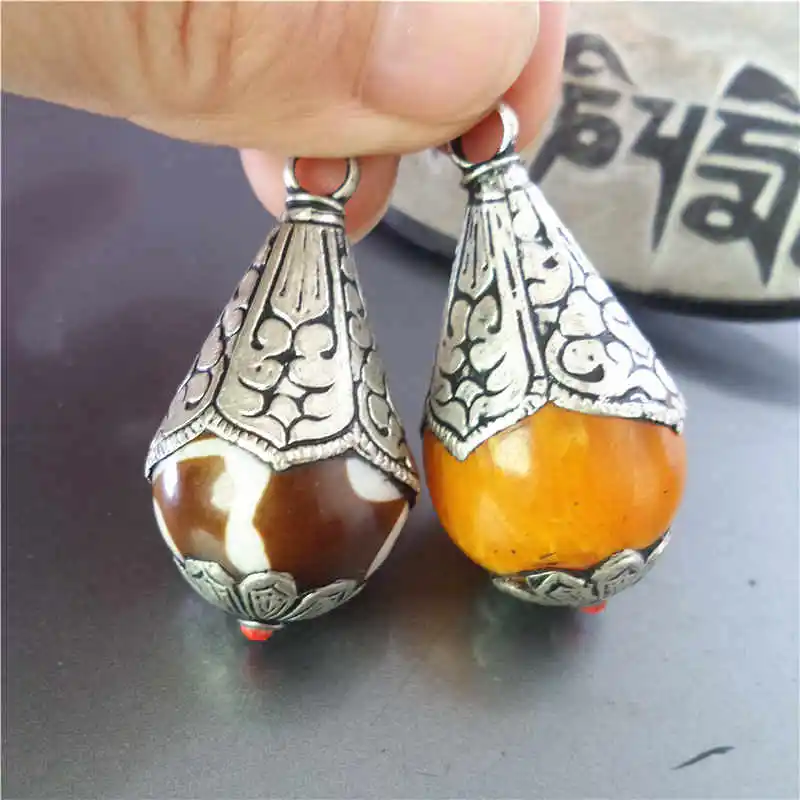 Непальская винтажная подвеска TBP331 с медной крышкой|drop pendant|resin pendantsilver pendant |