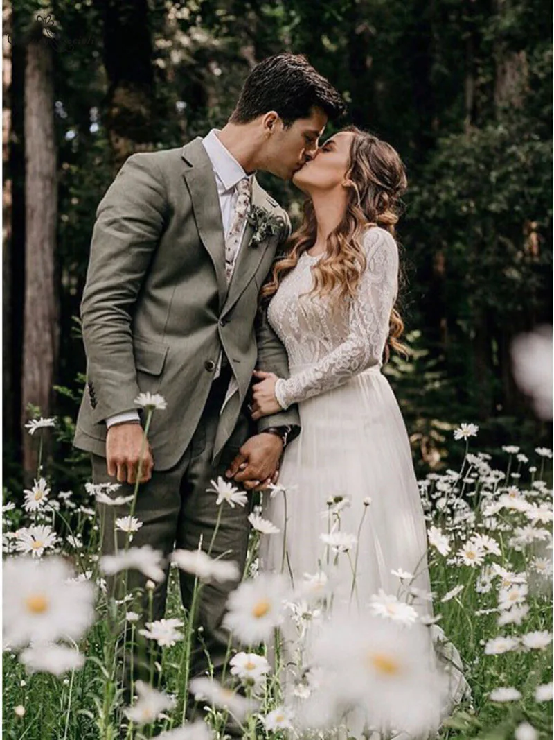 Женское кружевное свадебное платье в стиле бохо с длинным рукавом и открытой