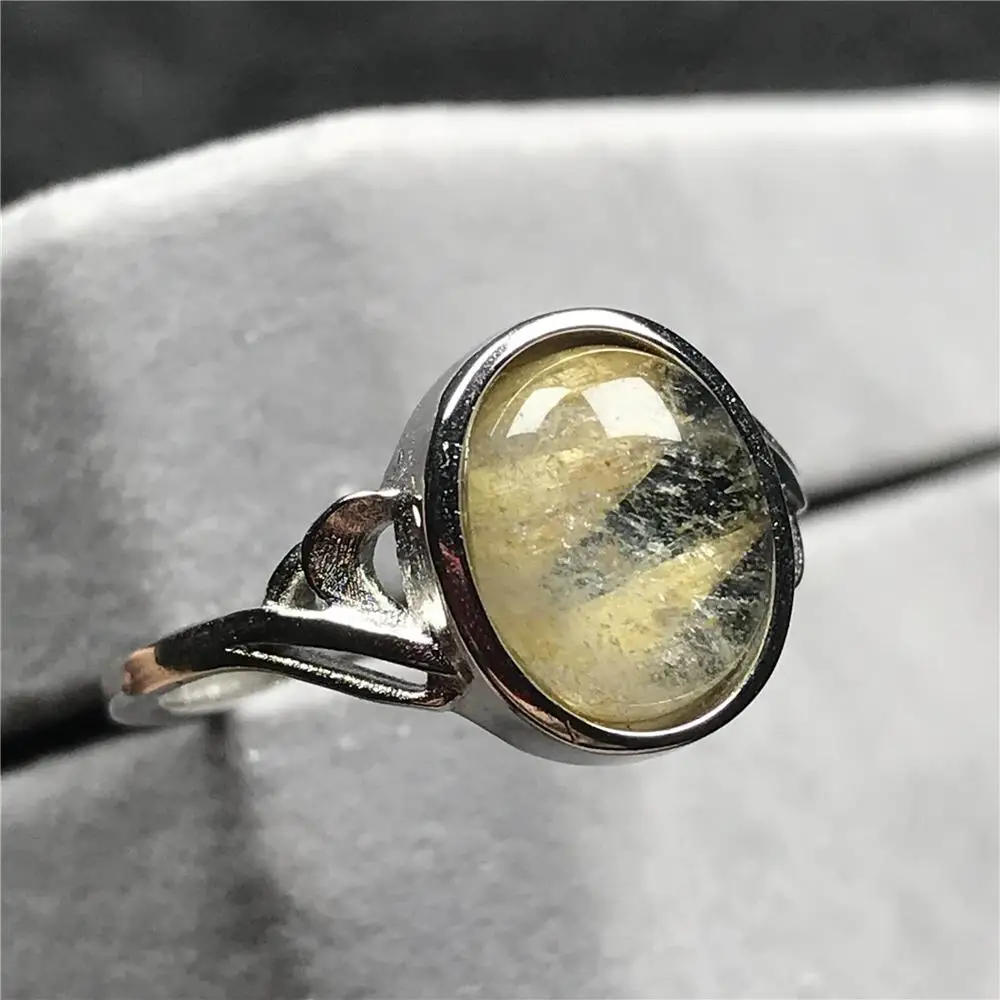 12x10mm Natural Gold Rutilated Ring For Woman Lady Man Crystal Beads Silver Quartz Gemstone Adjustable Size Jewelry AAAAA | Украшения и