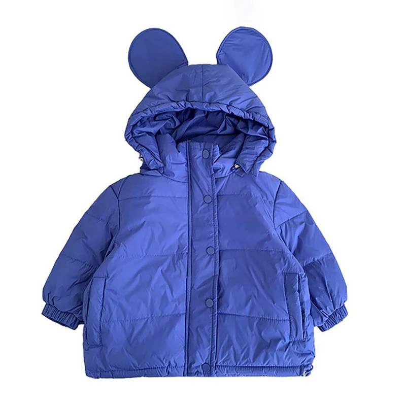 Детский однотонный пуховик с капюшоном и большими ушками |