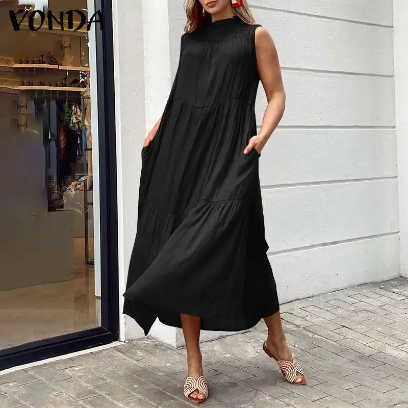 

Beach Dress Women Summer Dress Sundress 2021 VONDA Casual Mock Neck Pleated Tank Party Vestidos Robe Femme Plus Size