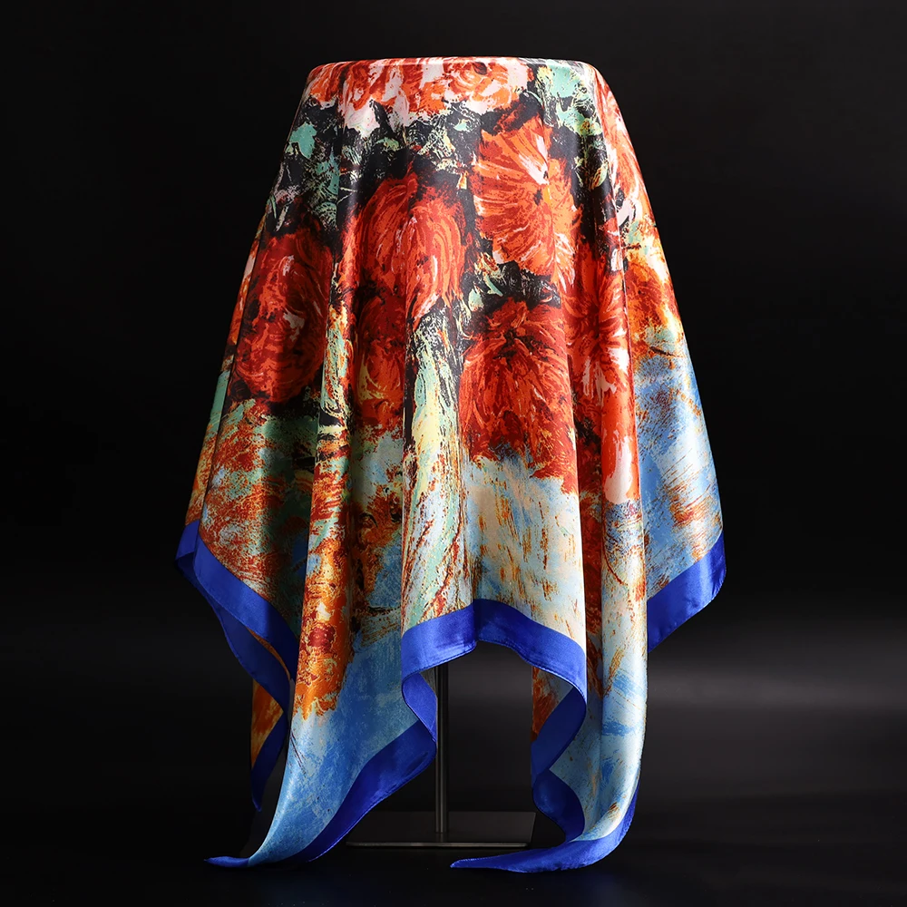 

Luxury Brand Silk Scarf Women Head Scarves Female Van Gogh sunflower oil painting Hijab Square Shawls and Wraps Handkerchief