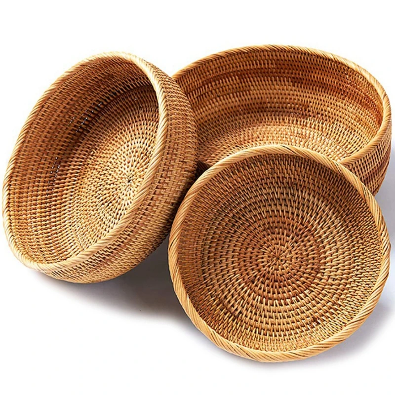 

Hadewoven Round Rattan Fruit Basket Wicker Food Tray Weaving Storage Holder Bowl Dropshipping