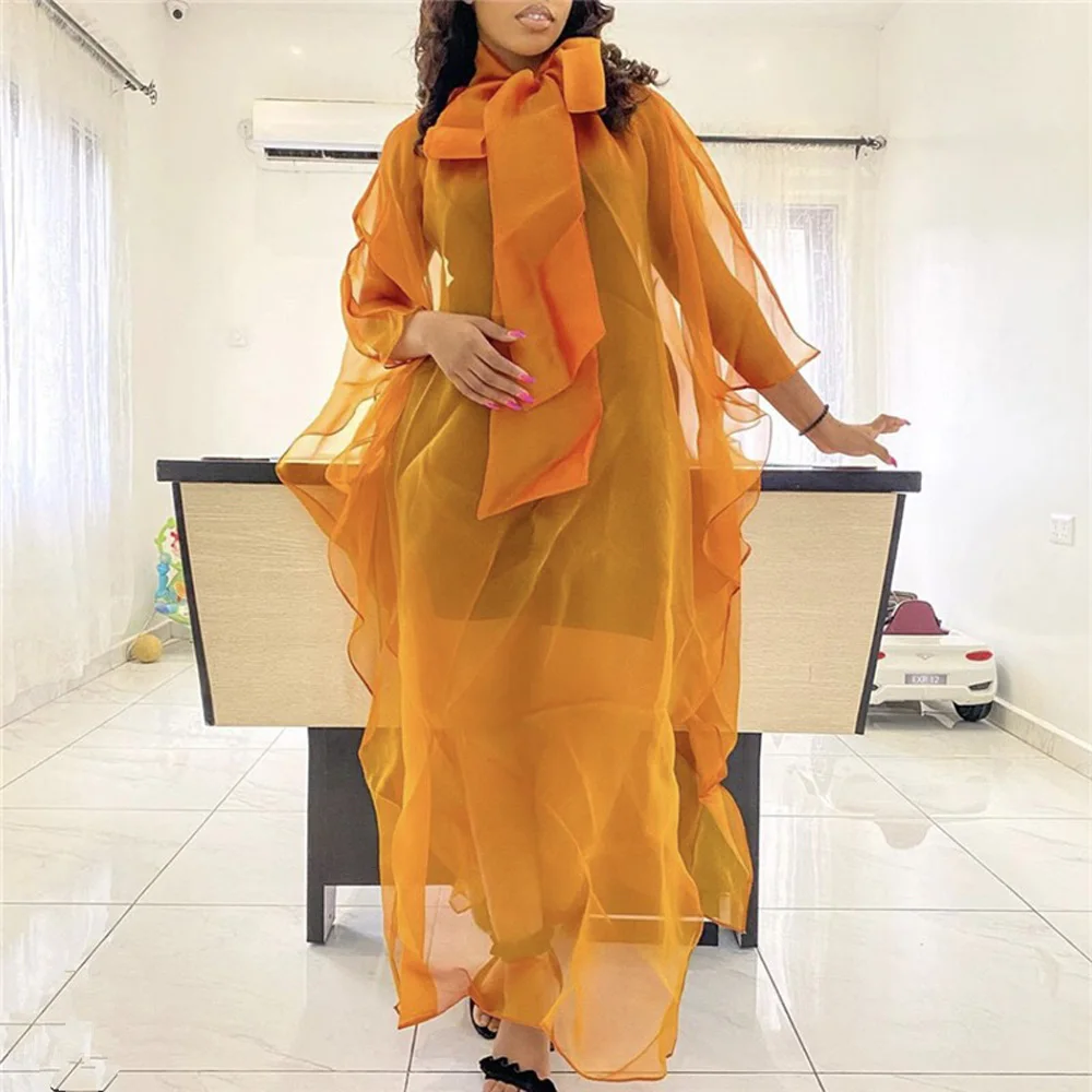 

Women Sexy Organza Dress Yellow See Through Batwing Sleeve Bow Floor Length Evening Night Party Dinner Vestidos Mujer Dress New