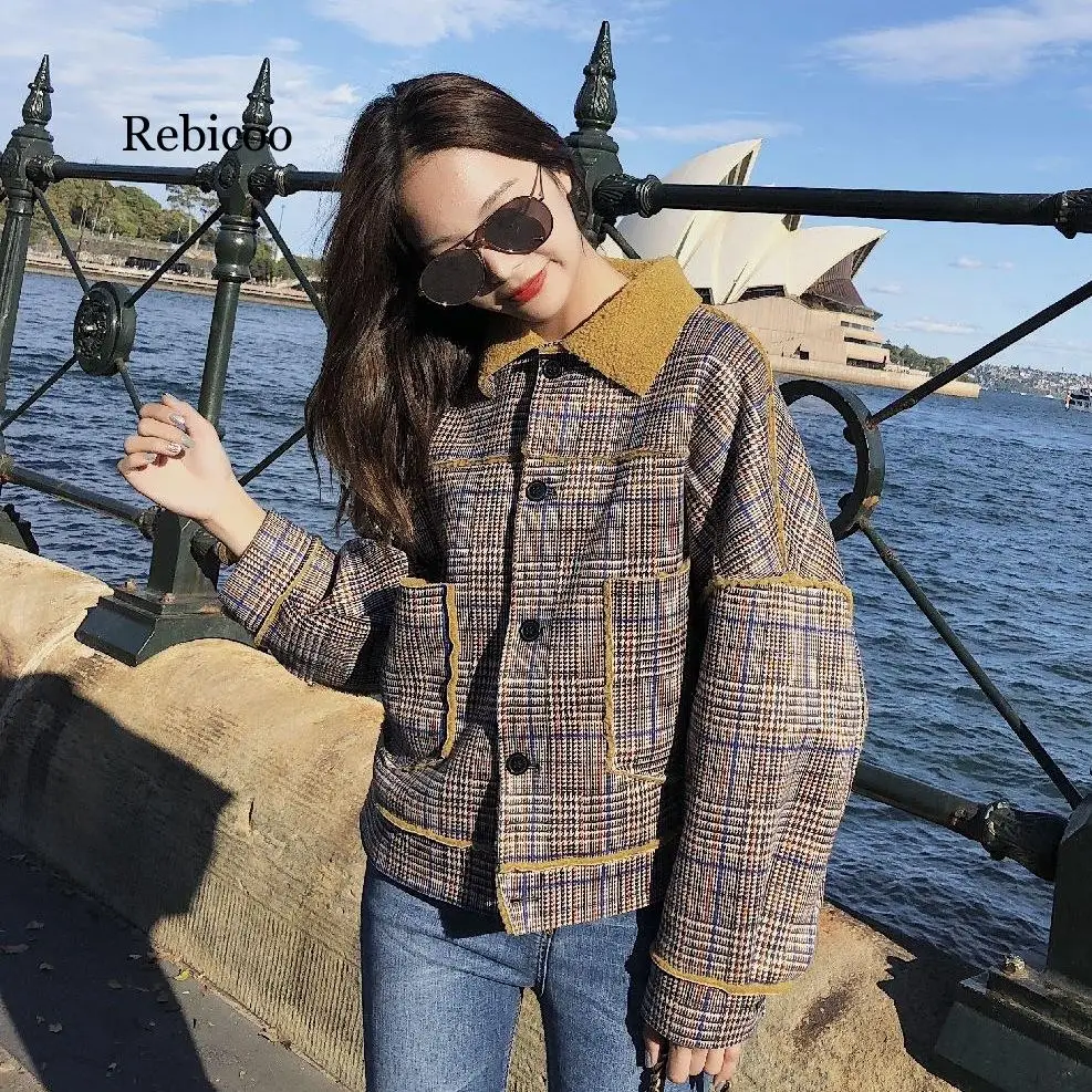 

Women's Plaids Thicked Short Coat Winter Lamb Wool Collar Jacket Color Blocking Checked Overcoat Loose Casual Baseball Clothes