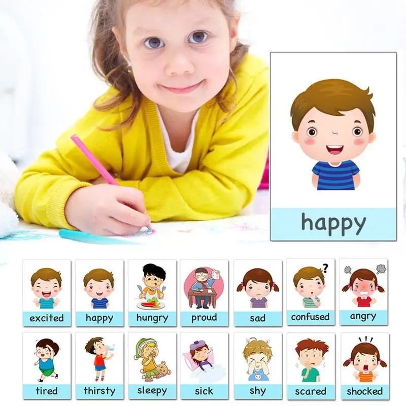 14pcs Montessori Kids English Learning Cards Cartoon Emotion Flash Card For Children Baby Early Educational Memory Game Toys | Игрушки и
