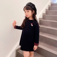 in stock girls pullover college wool knit long sweater dress puppy embroidered plaid cuff sweater