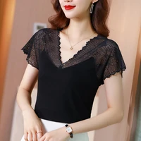 2021 summer korean fashion lace t shirt womens retro tops women black transparent office woman tshirts