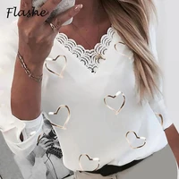 fashion women casual 2021 summer t shirts love printed patchwork v neck tee shirt long sleeve white tops plus size free shipping