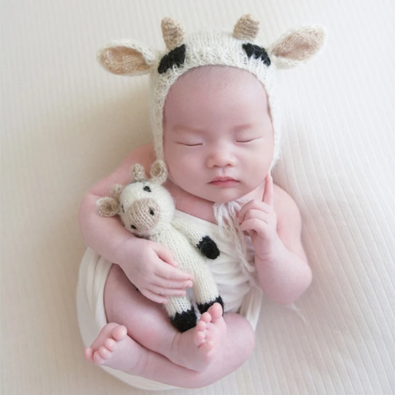 

Newborn Infant Photography Prop Crochet Knit Beanie Hat with Stuffed Cow Tooy