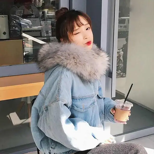 

Women Denim Jackets Winter Thickening Coat Jackets Wool Liner Hooded Women Clothing Loose Jean Jacket Female Crop Tops Korean