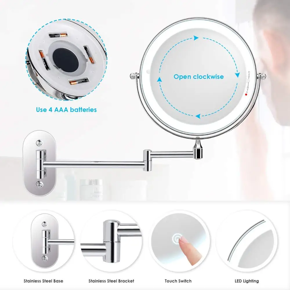 

8 inch Bedroom or Bathroom Wall Mounted Makeup Mirror, 1X &10X Magnifying Double Mirror, Touch Button Adjustable LED Light