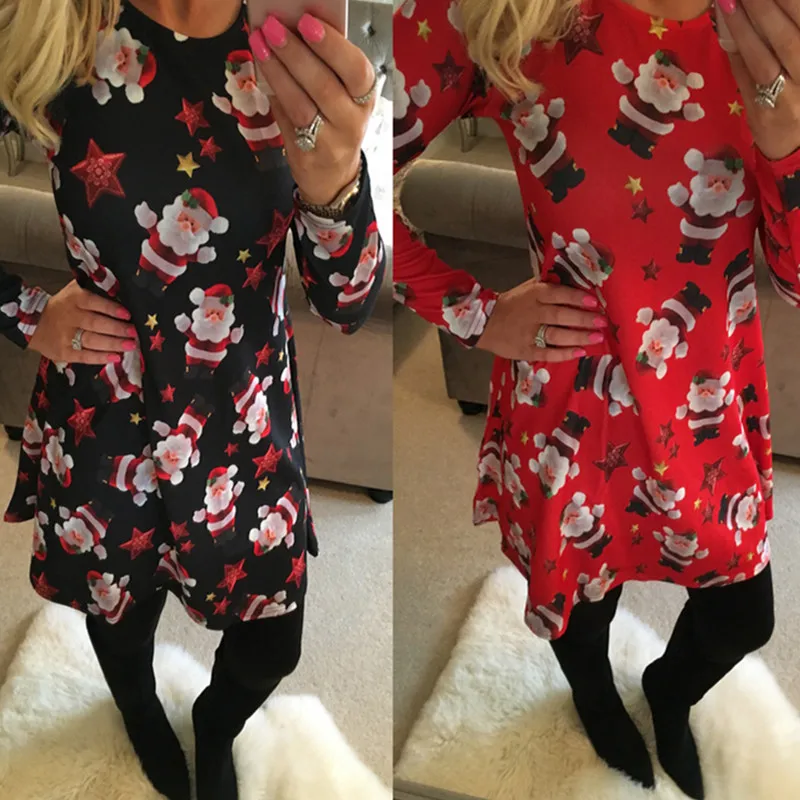 Women's New Year Christmas Tree Snowman Printed Dress Women Fall Winter Evening Party Dresses Long Sleeve Loose Vestidos | Женская