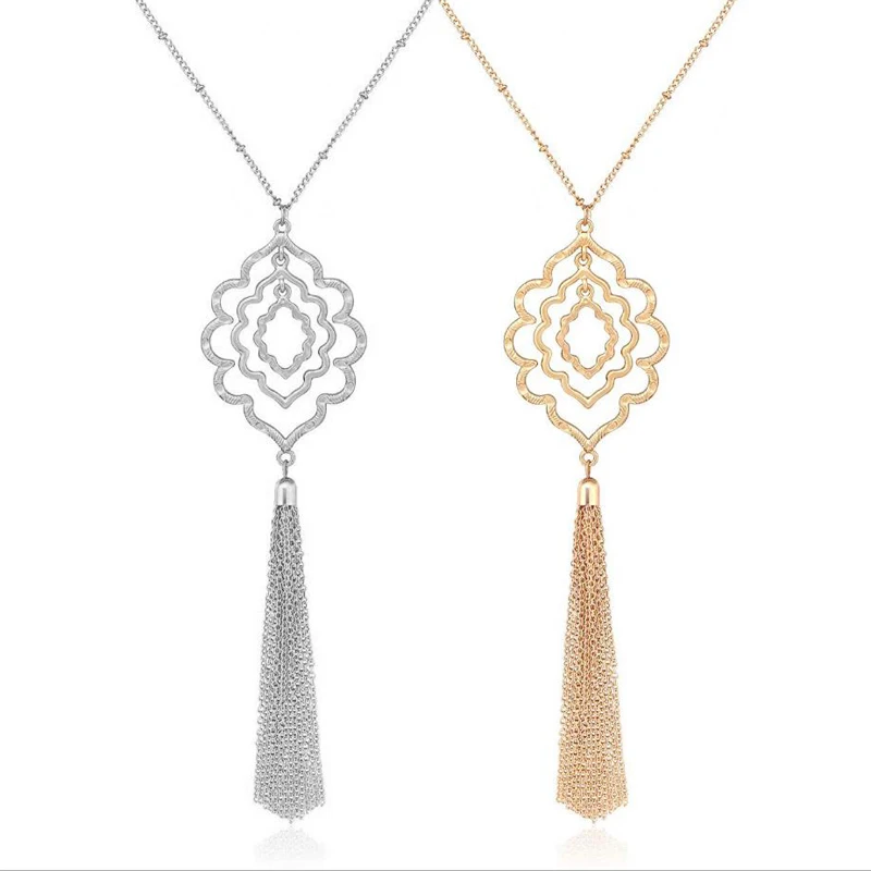 Длинное ожерелье с подвеской на свитер Ирландский Узел кисточкой серебряный