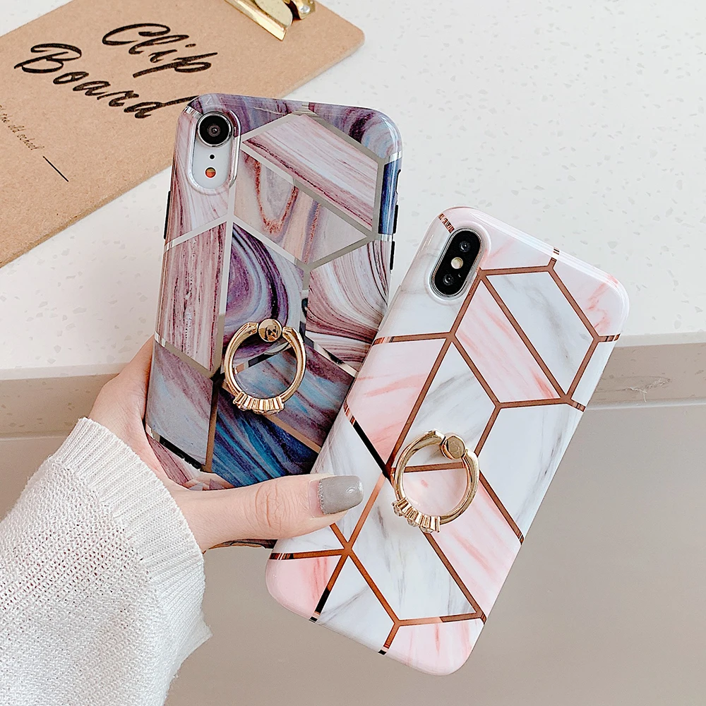 Чехол для телефона LOVECOM для iPhone 11 Pro XR XS Max 6 6S 7 8 Plus X Мягкая Гальваническая мраморная задняя крышка с кольцом на палец