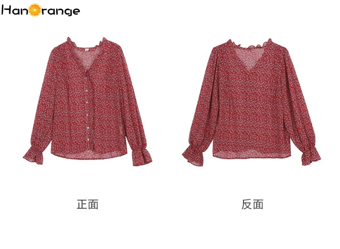 

Butterfly Sleeve V-Neck Floral Chiffon Women Shirt Summer Temperament Sweet Long-sleeved Tops Female Red Floral / Black Floral