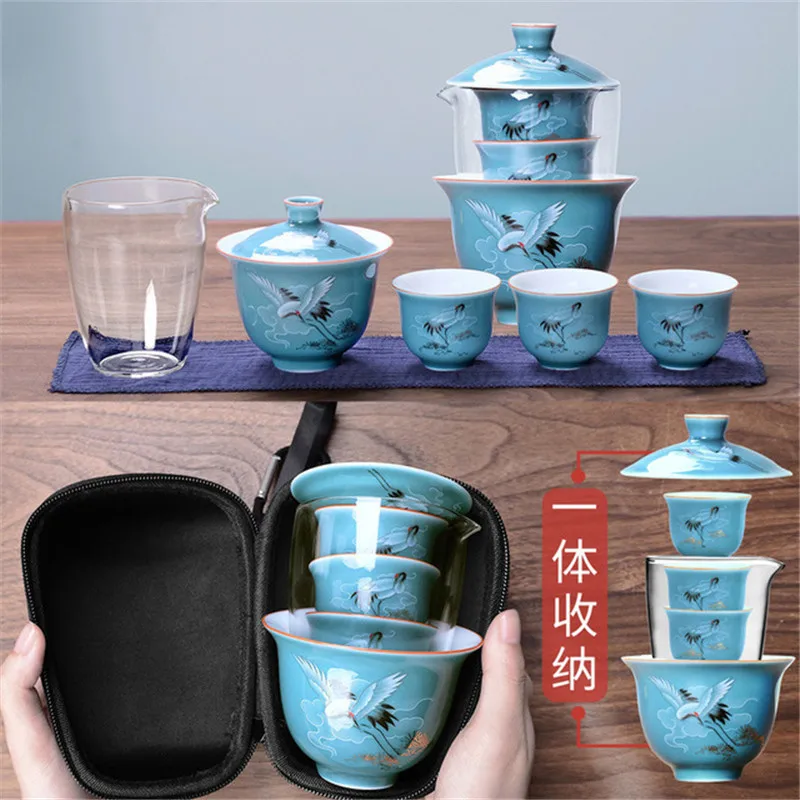 Сине-белый фарфоровый чайный сервиз Gaiwan китайский старинный глазурный