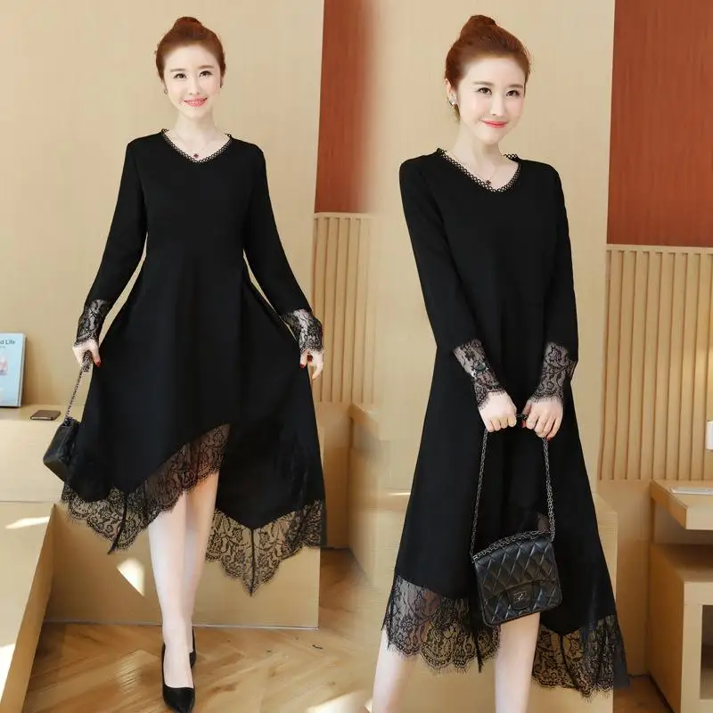 

XL-5XL Autumn Black Plus size Lace Dress Elegant Big Size Party Dress for Women Long Sleeve V Neck Large Size Office Lady Dress