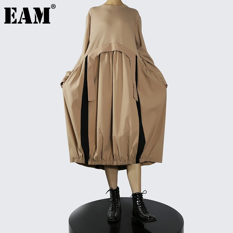 

Женское плиссированное платье EAM, Длинное свободное платье с круглым вырезом и длинными рукавами, весна-осень 2021, 1DE4289