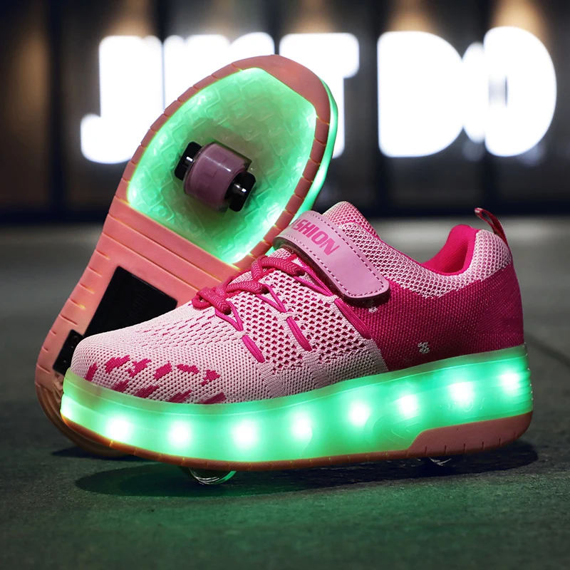 

Children Two Wheels Luminous Glowing Sneakers Black Blue Led Light Roller Skate Shoes Kids Led Shoes Boys Girls USB Charging