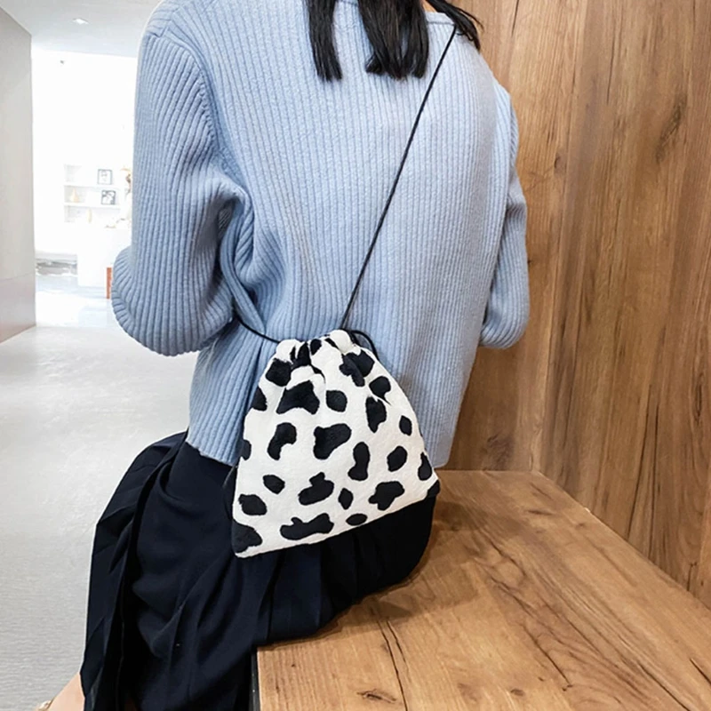 

Women Plush Crossbody Bag Cow Milk Print Shoulder Drawstring Mini Handbags