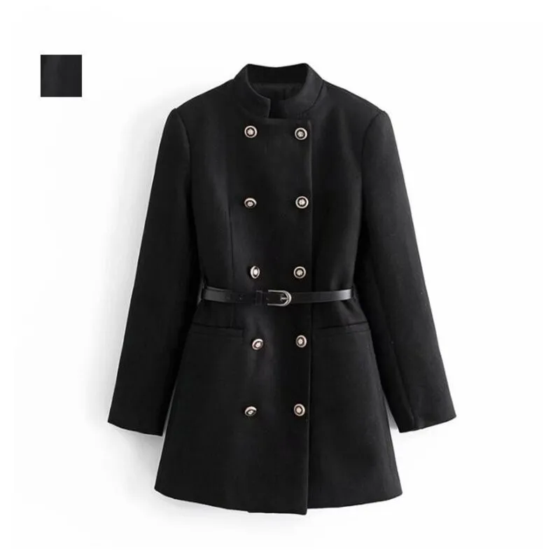 2022 Autumn And Winter New European Women Stand-up Collar Double-breasted Fashion Casual Belted Woolen Coat Female Outerwear