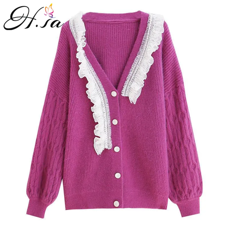 

H.SA/зимняя одежда для женщин 2020, свитер с кружевом и кардиганы ярких цветов, фиолетовый, длинный трикотажный кардиган