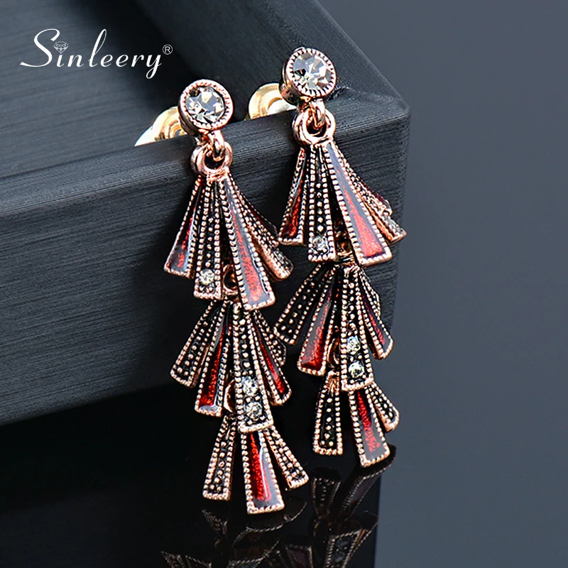 SINLEERY синие красные Эмалевые висячие серьги с кисточками для женщин фианиты Ретро