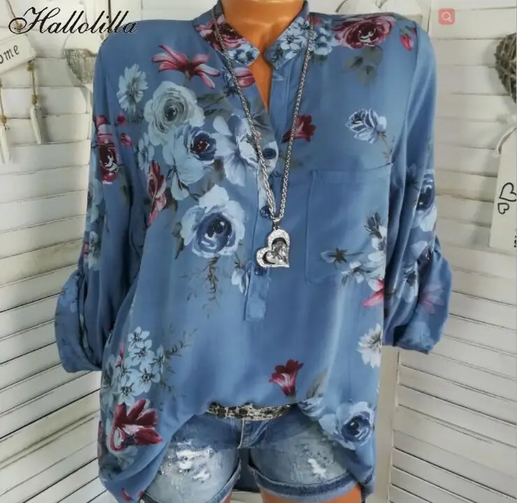 

Женская шифоновая блузка с длинным рукавом, V-образным вырезом и цветочным принтом