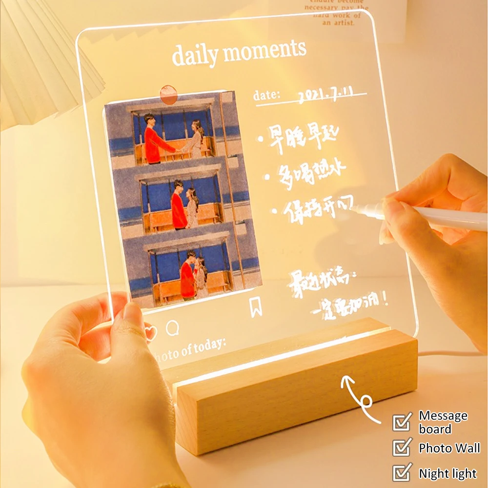 

Acrylic Message Board Daily Moments Photo Memo with Holder Acrylic USB Lamp Night Light Home Desktop Decoratioin Christmas Gift